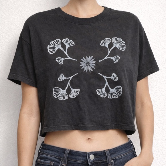 wild fable Tops - One-of-a-Kind Black Crop Top with Hand Blockprinted Gingko Leaf Design